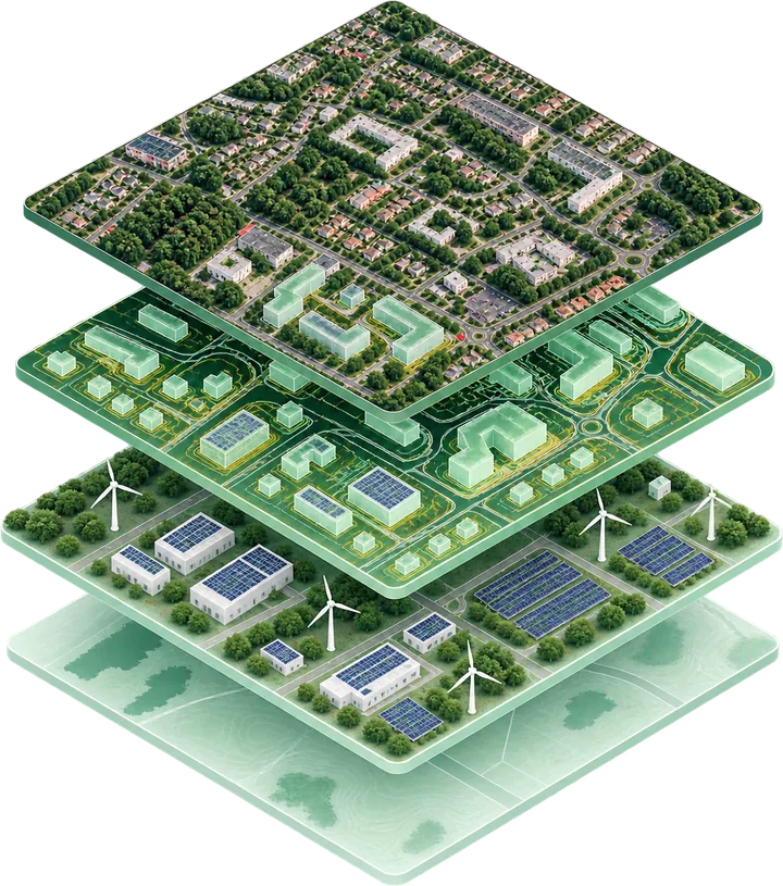 Stacked geospatial data layers: aerial imagery, buildings, energy infrastructure and base map