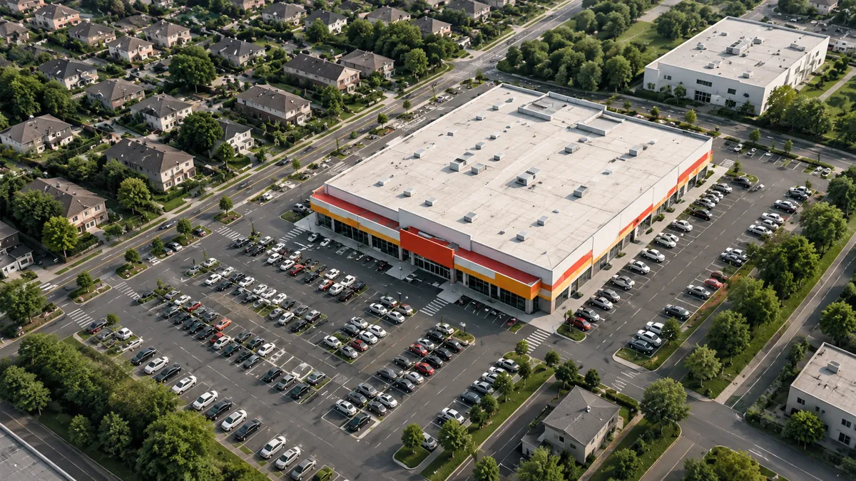 Aerial view of a retail store and parking lot