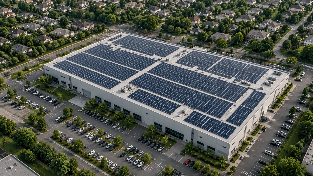 Aerial view of a commercial rooftop with solar panels